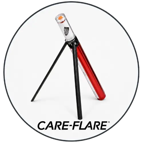 CareFlare rugged portable warning beacon shown in a studio product shot, durable waterproof housing, intense LED light output, magnetic or stable base, clean industrial design, professional safety equipment presentation.