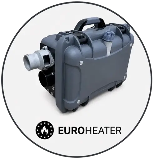 EuroHeater rugged portable heater shown in a tactical logistics environment, durable frame, air outlet, control panel, and fuel connection visible, designed for field camps, rescue shelters, workshops, and temporary facilities, keywords: portable heater, tactical heater, industrial heater, field camp heating, rugged heating unit, fuel heater, logistics support, temporary facility.