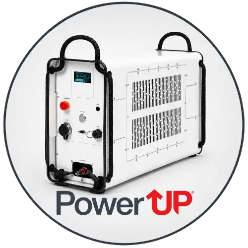 PowerUp mobile power station shown in a premium studio product shot, compact industrial casing, multiple output ports, digital display, charging cables, reinforced handles, clean modern design, professional backup power equipment, keywords: mobile power station, battery generator, portable power supply, charging station, rugged power unit, emergency electricity, industrial power, backup battery.
