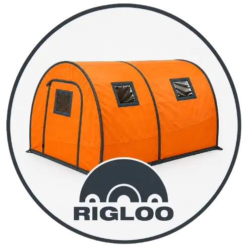 Rigloo mobile shelter system operating as a temporary command post, illuminated interior, communication equipment, emergency personnel planning operations, rugged outdoor conditions, professional crisis management setup, keywords: mobile command post, temporary shelter, emergency operations, crisis management, command tent, field coordination, response shelter, rescue logistics.